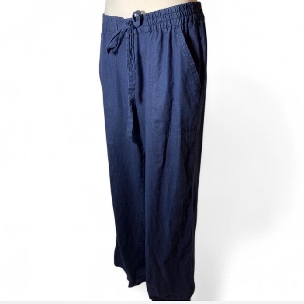 Max 100% Linen Navy Blue Wide Leg Drawstring Pants Size 12